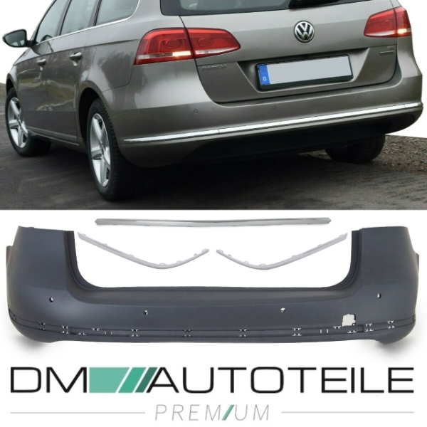 Stoßstange hinten grundiert 4x PDC + Chromleisten Set 3-teilig passt für VW Passat Variant ab 2010-2014