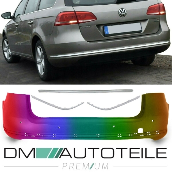 Stoßstange hinten LACKIERT 4x PDC + Chromleisten 3-teilig passt für VW Passat Variant 2011-2014