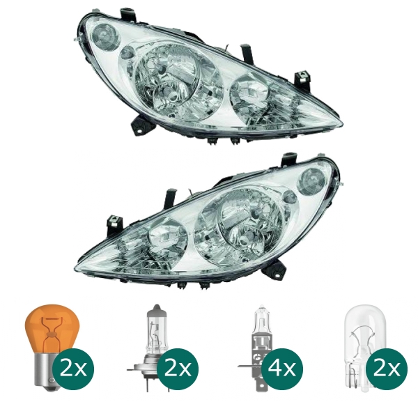 Klarglas Scheinwerfer links +Motor H1/H1/H7 + NSW passt für Peugeot 307 ab 00-05 inklusive Leuchtmittel/Birnen