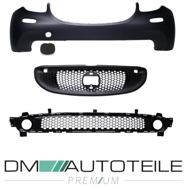 SET Smart Fortwo 453 Stoßstange vorne grundiert+Kühlergitter Schwarz+Stoßstangengitter Mitte+Zubehör 09/14